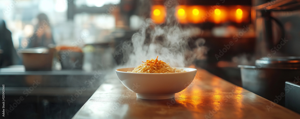 A photo of ramen in a small white bowl sitting on a long wooden counter, with steam rising from the food. The scene is set in a food truck, with a Chinese street scene in the backg A photo of ramen in a small white bowl sitting on a long wooden counter, with steam rising from the food. The scene is set in a food truck, with a Chinese street scene in the backg