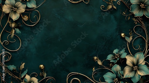 Elegant Dark Green Background with Golden Floral Ornaments and Delicate Teal Flowers
