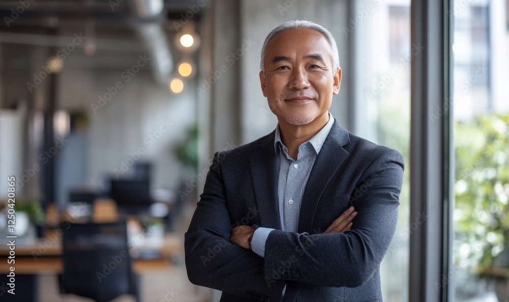 Confident Senior Asian Businessman in Formal Attire Posing in Modern Office Setting, Emphasizing Leadership and Professional Success, Confident Senior Asian Businessman in Formal Attire Posing in Modern Office Setting, Emphasizing Leadership and Professional Success,