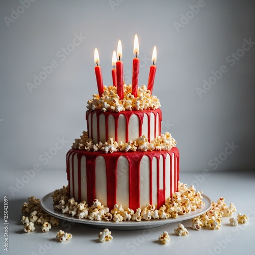 circus-themed birthday cake with red and white striped frosting, edible popcorn decorations, anAd vibrant candles, fully visible on a white background. photo