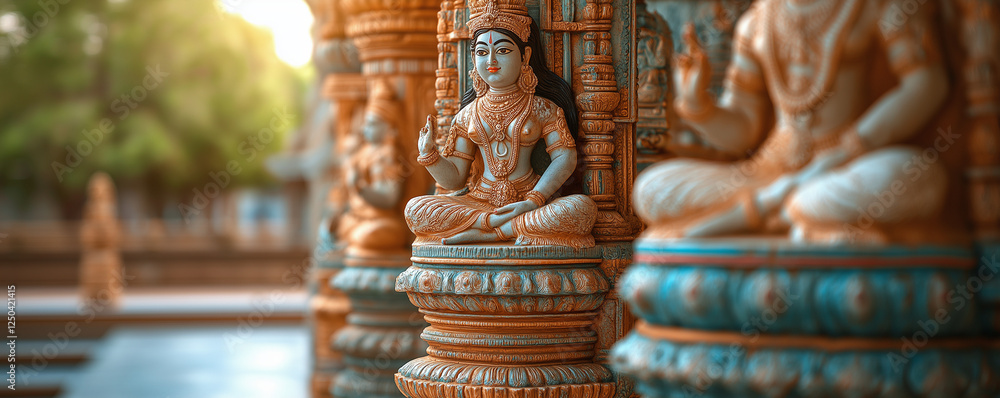 Fototapeta premium Close-up of intricate carvings on the pillars at Meenakshi Temple, depicting Hindu gods and goddesses. The background is blurred to emphasize these details. Soft sunlight illuminat