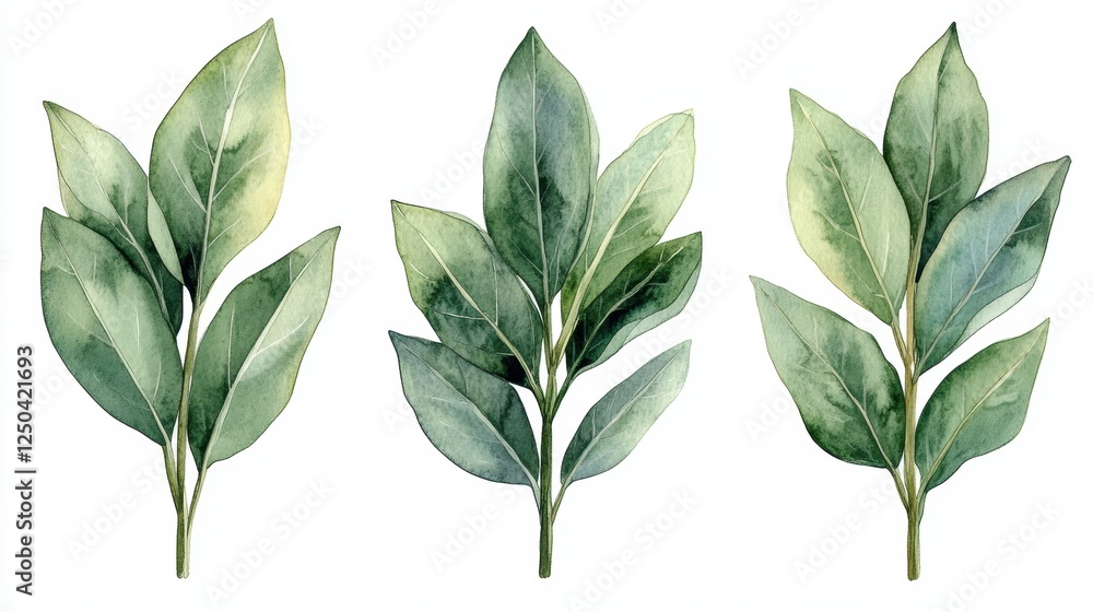Elegant Greenery Illustrations of Leafy Branches in Watercolor Style Elegant Greenery Illustrations of Leafy Branches in Watercolor Style