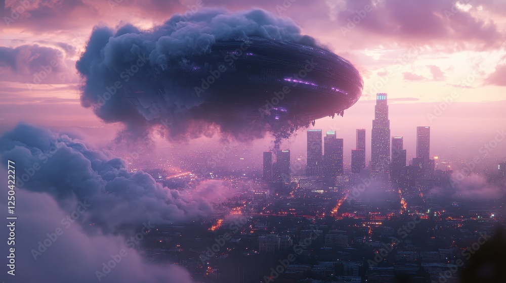 Fototapeta premium A massive, dark UFO hovering just above Los Angeles, partially visible through thick, rolling clouds, with a vibrant city skyline below