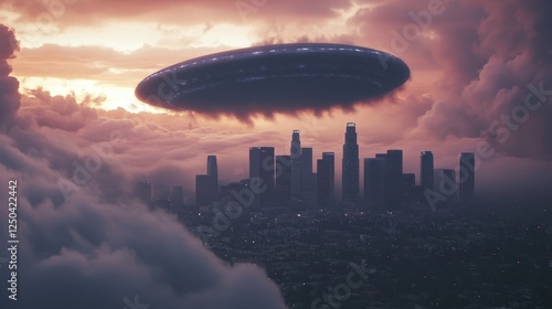 A massive, dark UFO partially emerging from thick clouds above the Los Angeles skyline at dusk, casting an eerie shadow over the city photo