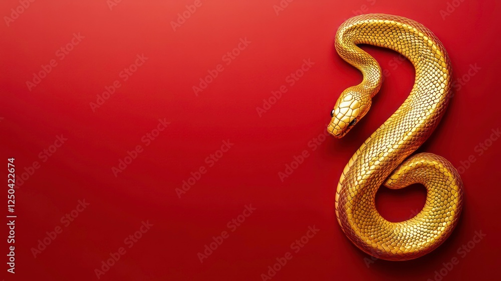 Fototapeta premium golden snake, year of the snake, solid red background, copy space