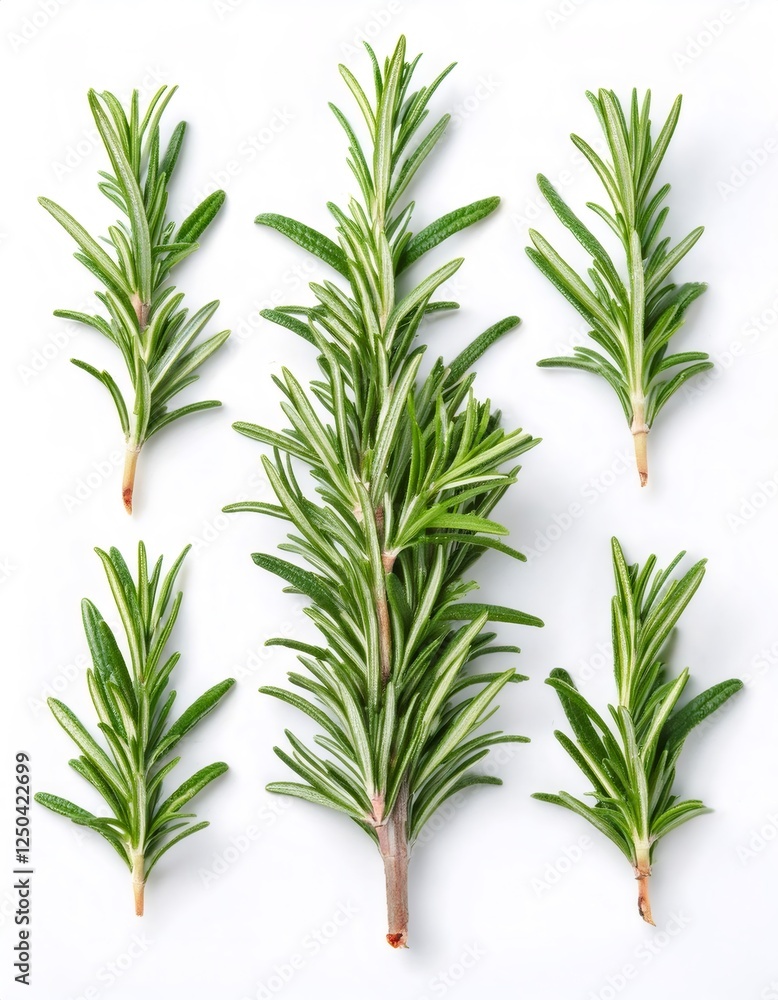 Obraz premium Fresh rosemary sprigs showing needle like green leaves on white background