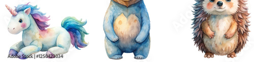 Cute watercolor animals, whimsical unicorn, adorable bear, charming hedgehog, children's illustration, playful design.