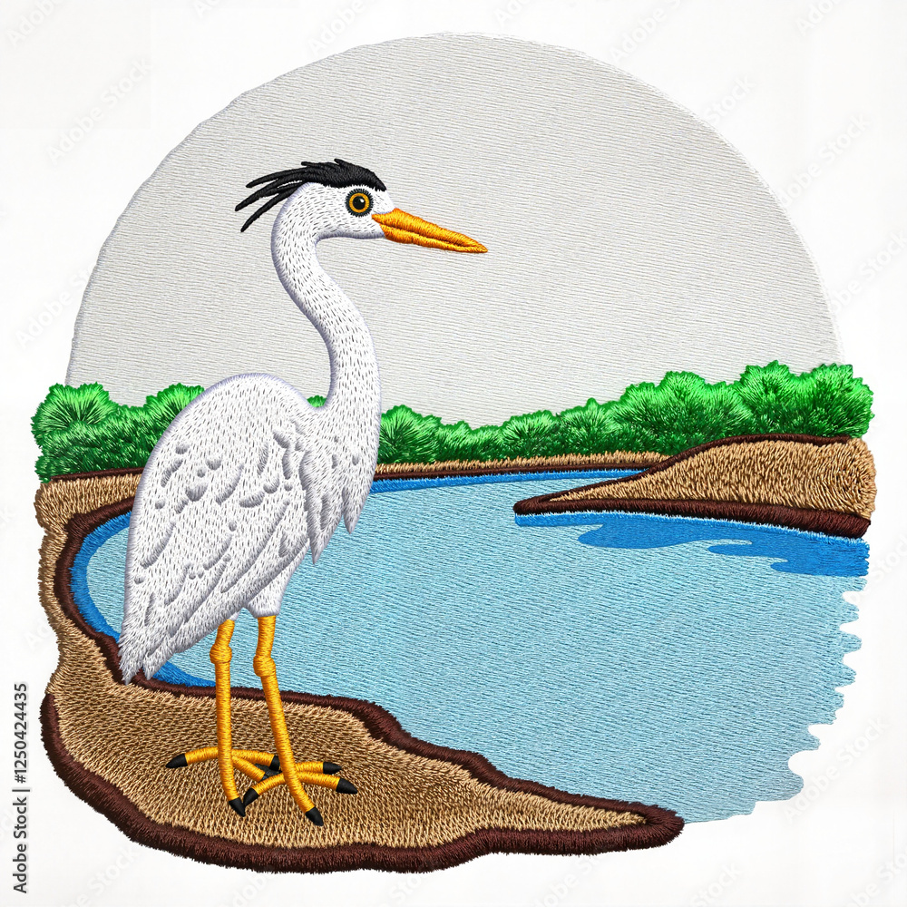 Fototapeta premium Heron standing by calm water with greenery background