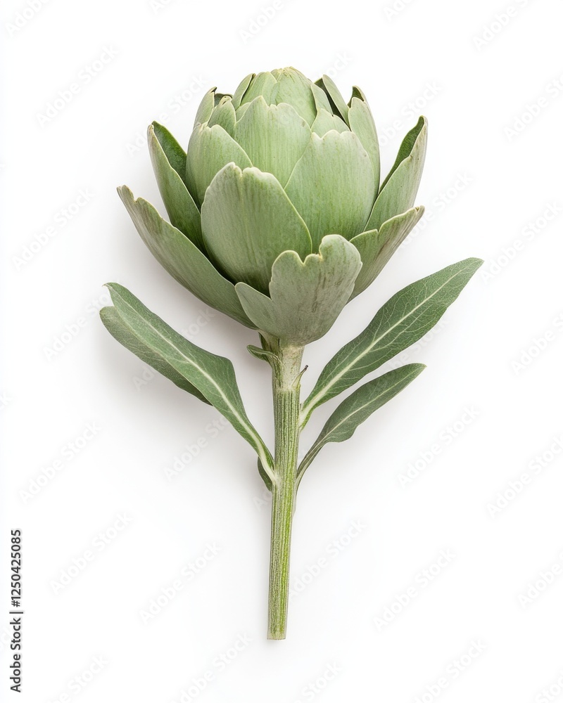 Single green artichoke bud with leaves on white background Single green artichoke bud with leaves on white background