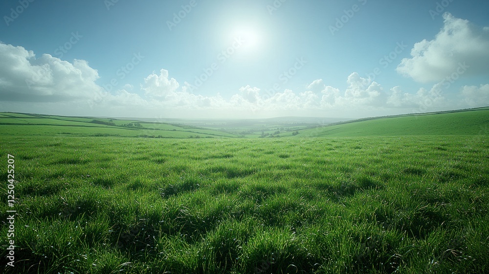 Obraz premium Sunny Green Field, Rolling Hills, Pastoral Landscape, Background Clouds, Nature