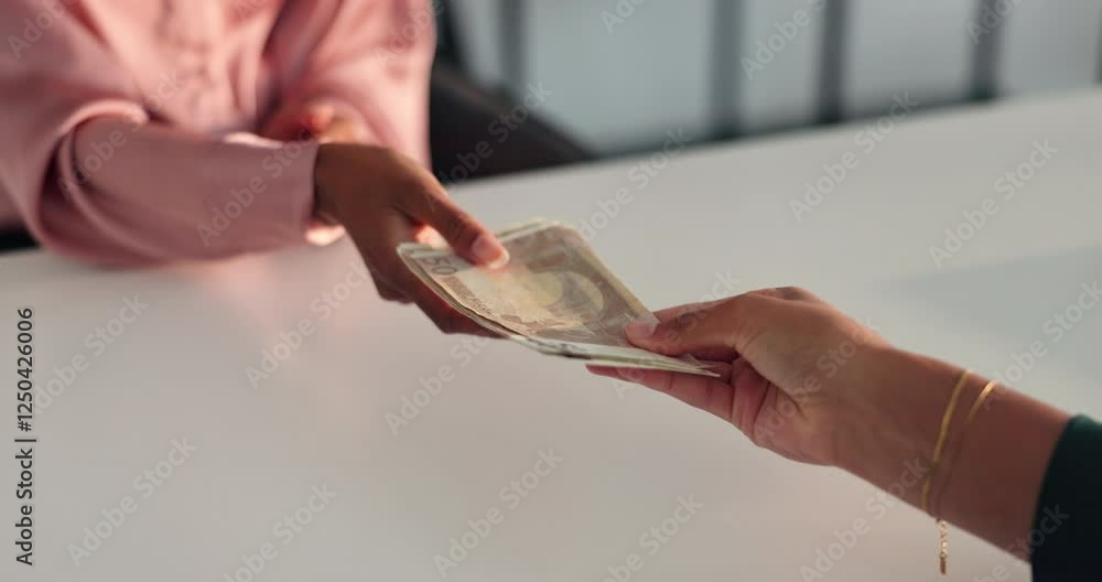 Person, hands and counting with money for loan, borrow or cash salary at office desk. Closeup, employer or accountant with euro bills or payment for profit, investment or company raise at workplace
