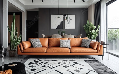 Modern apartment living room, leather sofa, city view photo