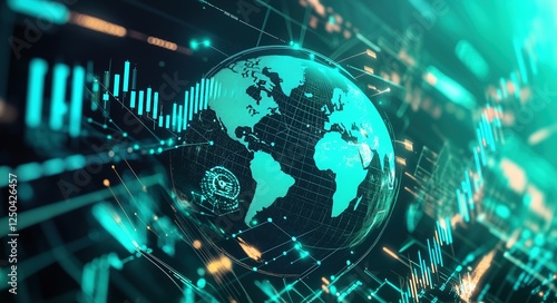 A digital globe with data visualizations and charts on it, the background of the Earth surrounded by futuristic technology in shades of teal green and black, digital design elements floating around it