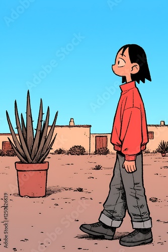 Girl walking desert town, cactus, sky photo