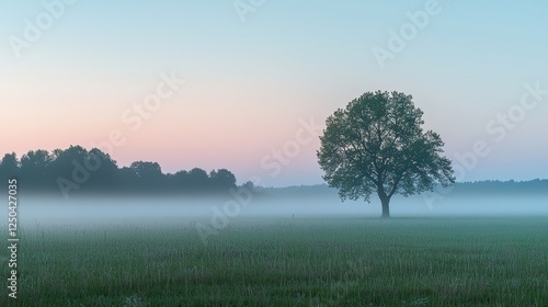 A Soulful Singular Tree Standing Tall in an Expansive Field of Lush Green Grass Under a Bright Blue Sky photo