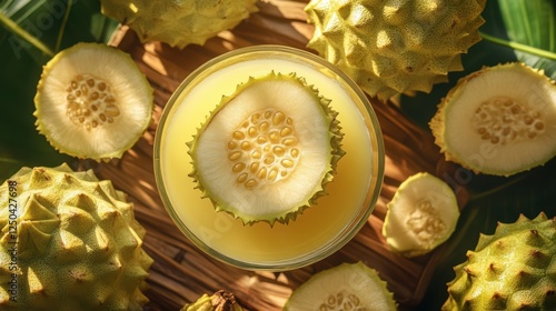 yellow soursop juice in a glass with a fresh soursop slice floating inside, creating a tropical and refreshing drink. photo