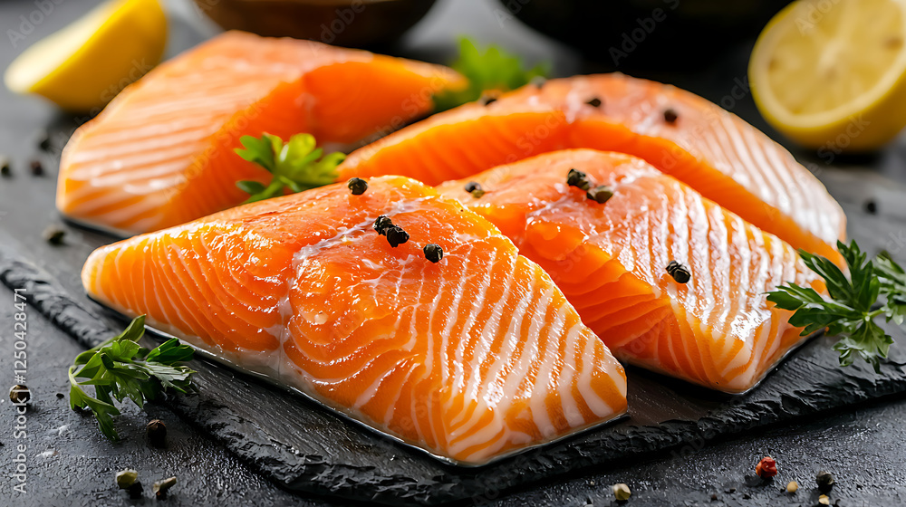 A plate of salmon with lemon slices and parsley. generated using AI A plate of salmon with lemon slices and parsley. generated using AI