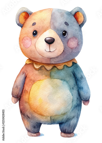 Cute watercolor bear, colorful design, playful character, children's illustration, whimsical art style, friendly expression.