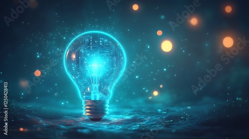 A glowing blue lightbulb with a transparent glass effect displaying intricate digital circuits inside