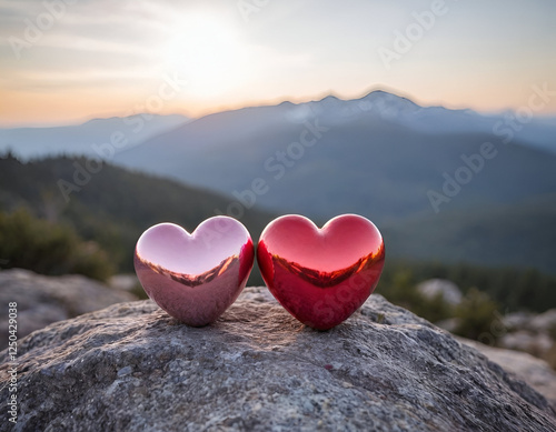 two balloons hearts in the mountains