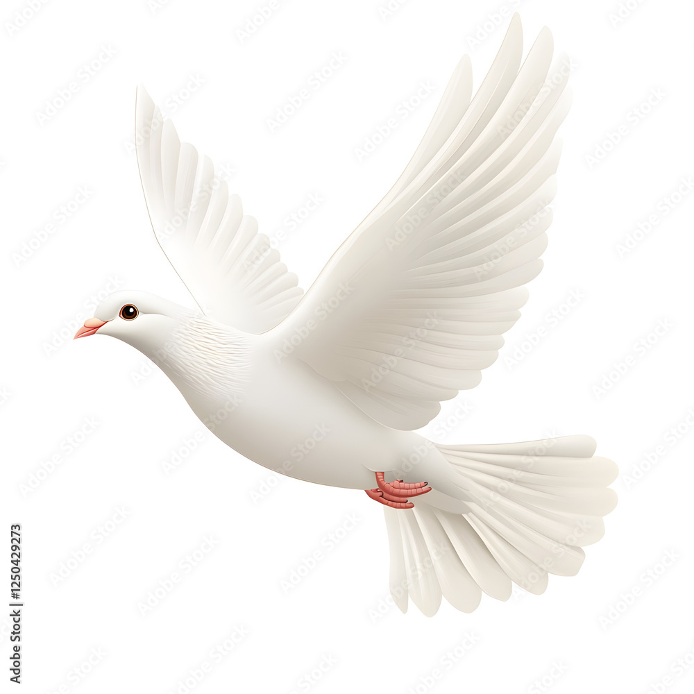 Fototapeta premium A white dove flying against a white background, a photorealistic depiction.