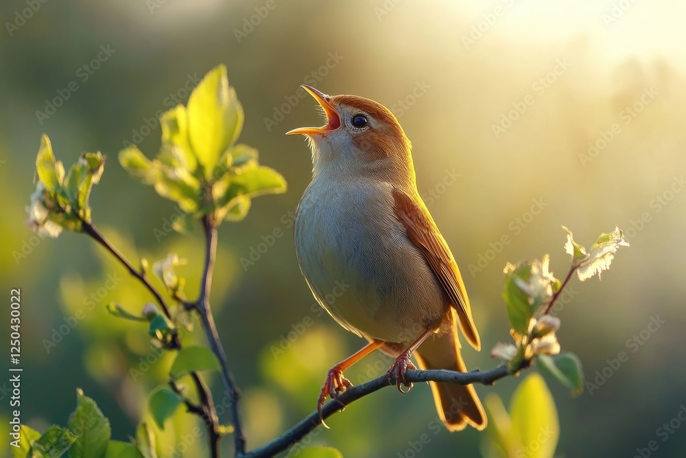 Fototapeta premium Singing bird perched on a sunlit branch
