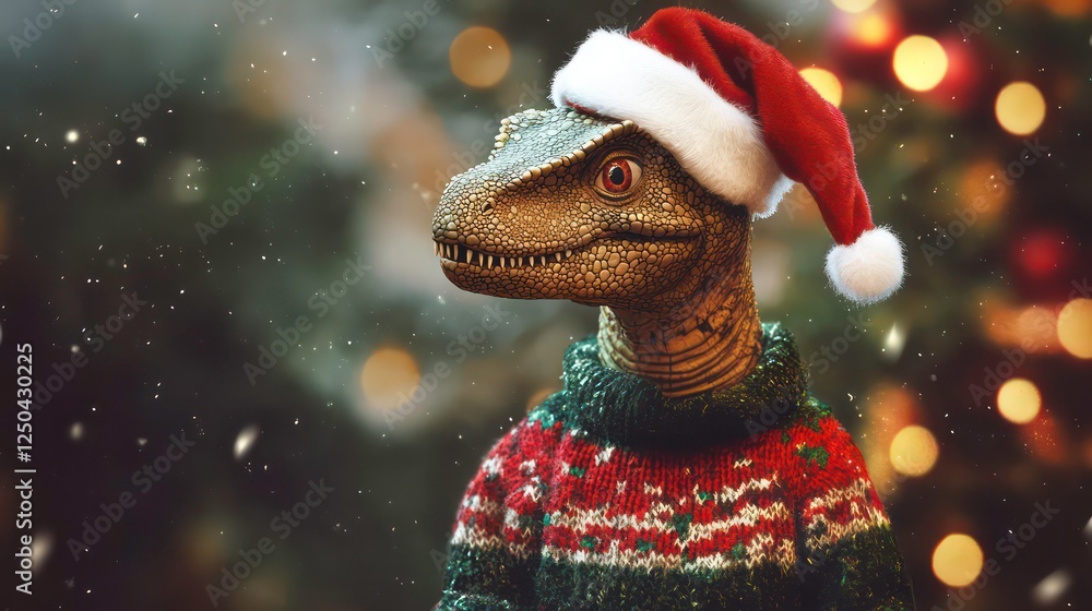 Fototapeta premium Christmas dinosaur in festive sweater and Santa hat