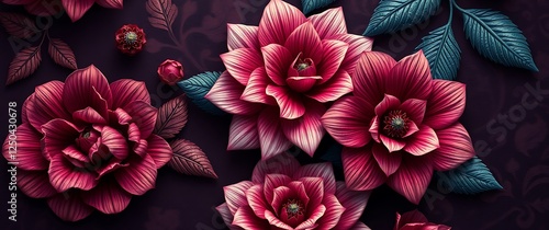 A digital art piece depicting a stylish background with  a close-up of intricate floral details, rich jewel tones, ornate patterns, highly detailed, sharp focus.