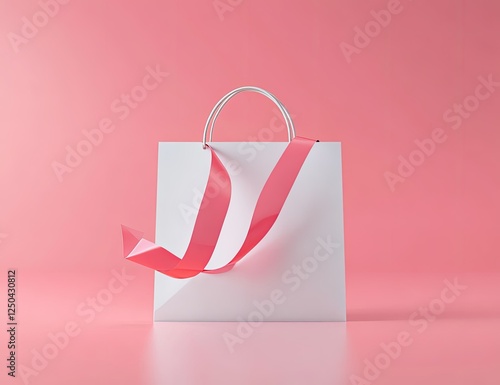 White shopping bag with pink ribbon on pink background