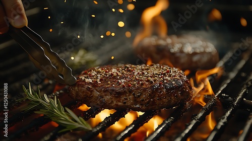 Grilled Steaks with Rosemary on Barbecue, Close up of two steaks on the grill one being