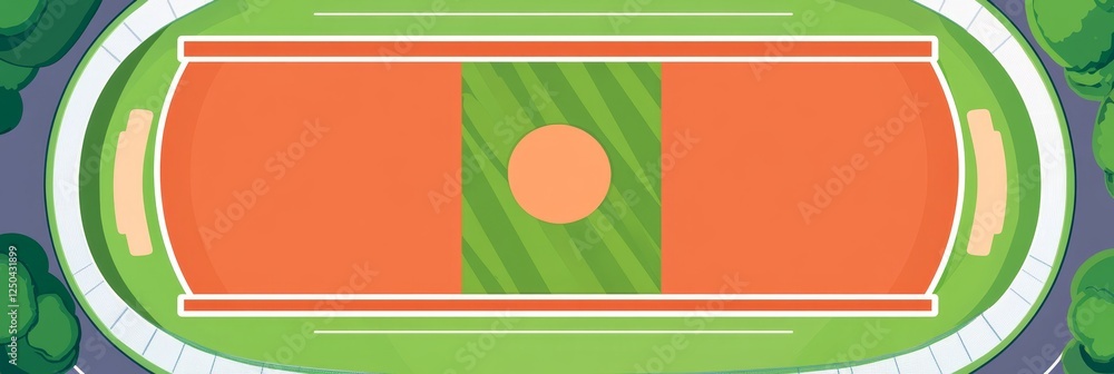 Fototapeta premium Aerial View of Running Track Stadium - Top-down view of an oval running track stadium with a green field and orange running lanes.