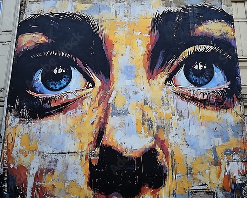 Mural of woman's face, urban setting, large scale art piece, expressing emotion photo