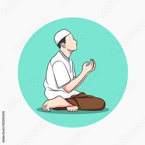 illustration of a Muslim male character in a white koko shirt praying while raising his hand