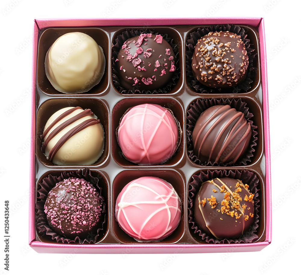 A pink box of chocolates with an overhead view isolated on transparent background, clipping path, Png file
A pink box of chocolates with an overhead view isolated on transparent background, clipping path, Png file