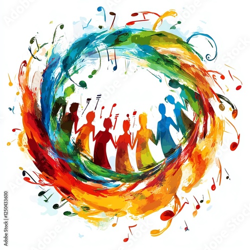 Vibrant circle of music and harmony, depicting joy through colorful artistic expression.
