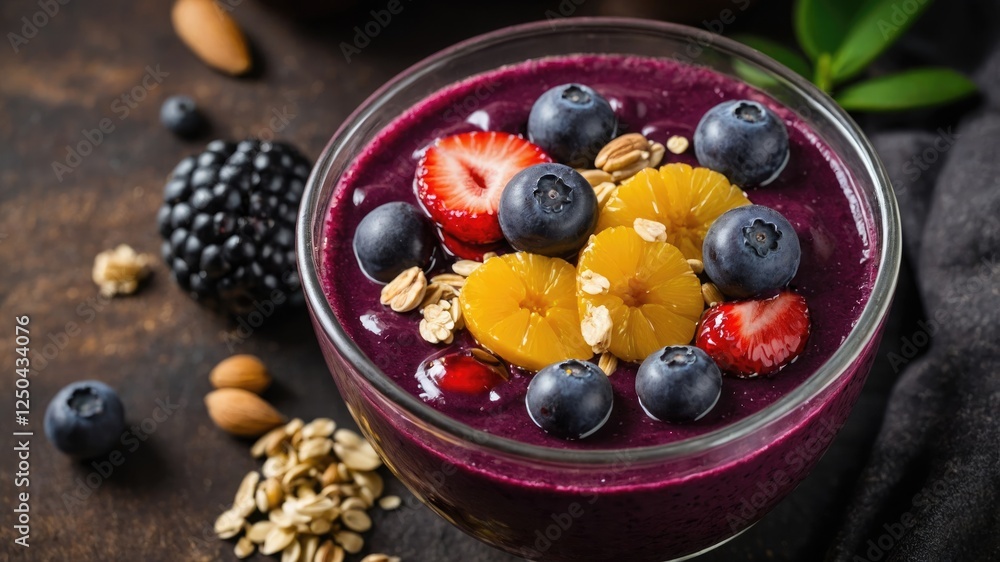 Bowl of acai smoothie topped with fresh fruits, granola, and nuts showcasing healthy breakfast or snack options rich in antioxidants. Bowl of acai smoothie topped with fresh fruits, granola, and nuts showcasing healthy breakfast or snack options rich in antioxidants.