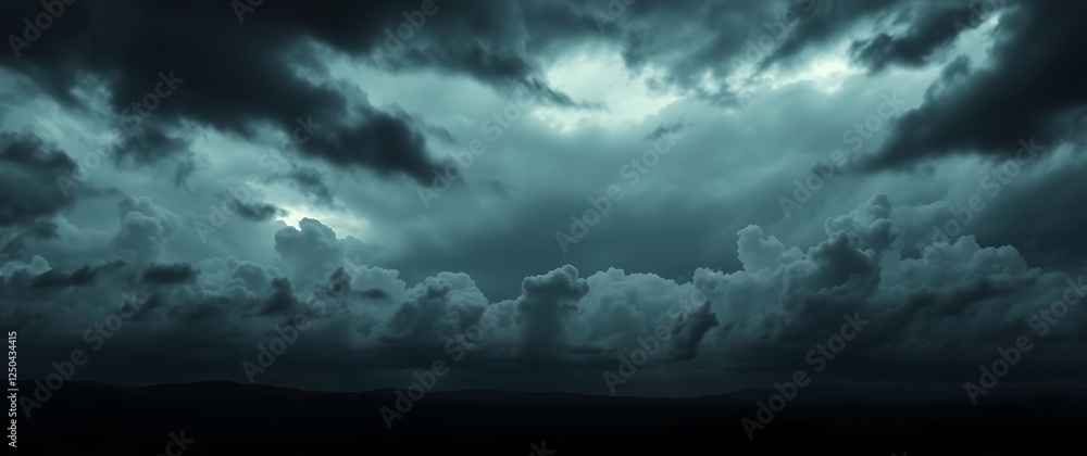 Obraz premium A dramatic background featuring a dark, moody landscape with swirling clouds and a brooding sky, rendered in a hyperrealistic style with chiaroscuro lighting.