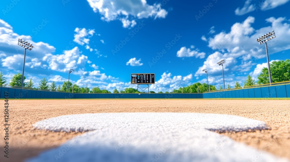 Baseball Field Pitcher's Mound View - Sunny day at a baseball field, view from the pitcher's mound, scoreboard in background. Baseball Field Pitcher's Mound View - Sunny day at a baseball field, view from the pitcher's mound, scoreboard in background.