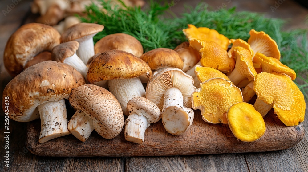 A vibrant assortment of mushrooms, including brown and yellow varieties, arranged on a wooden board with fresh herbs, showcasing their natural textures and colors. A vibrant assortment of mushrooms, including brown and yellow varieties, arranged on a wooden board with fresh herbs, showcasing their natural textures and colors.