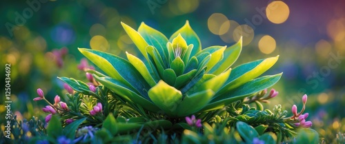 Macro shot of a vibrant alpine plant in Yosemite with glowing green background and delicate pink flowers creating a serene natural ambiance. photo