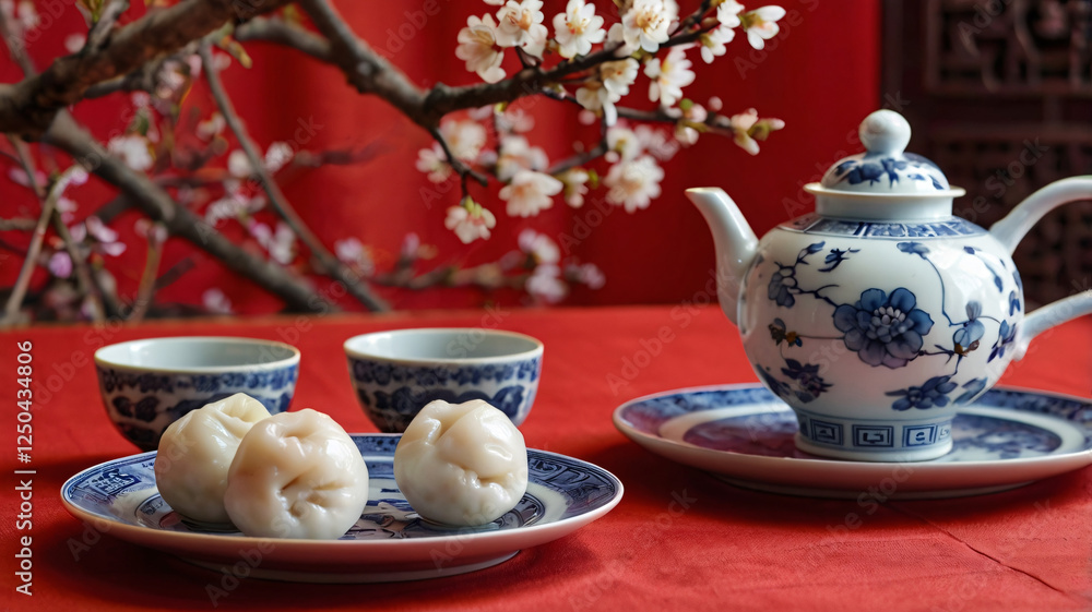 Fototapeta premium On a red table, there is a blue and white porcelain teapot with matching cups and plates.