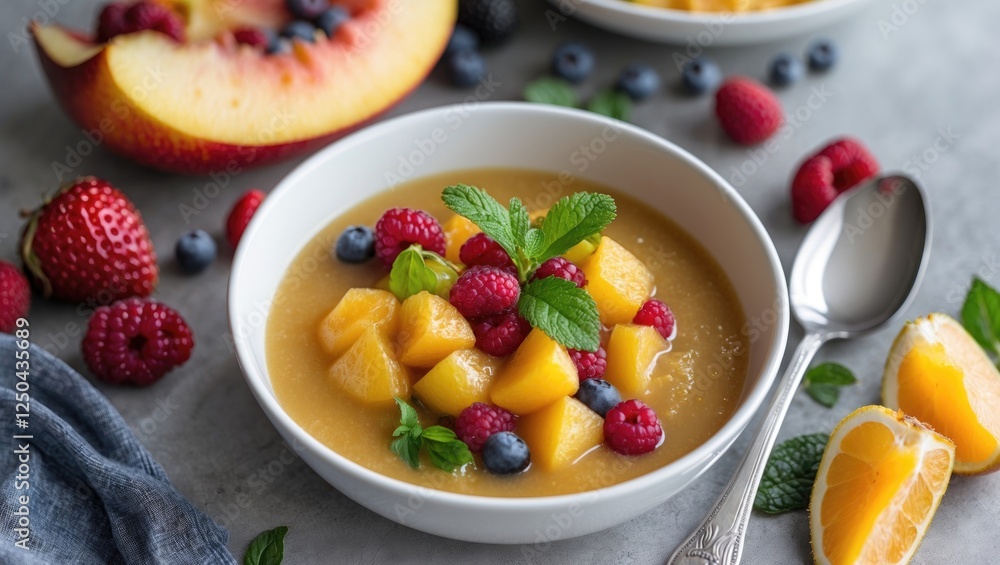 Fresh fruit soup in a white bowl garnished with berries and mint on a textured surface with a spoon and empty space for text. Fresh fruit soup in a white bowl garnished with berries and mint on a textured surface with a spoon and empty space for text.