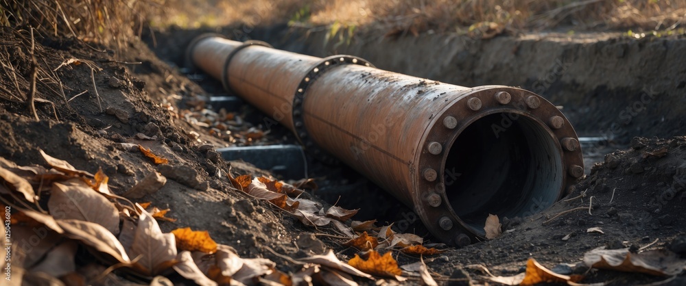 Large rusted water pipe in a dirt excavation surrounded by fallen leaves highlighting industrial and natural elements in construction site setting Large rusted water pipe in a dirt excavation surrounded by fallen leaves highlighting industrial and natural elements in construction site setting