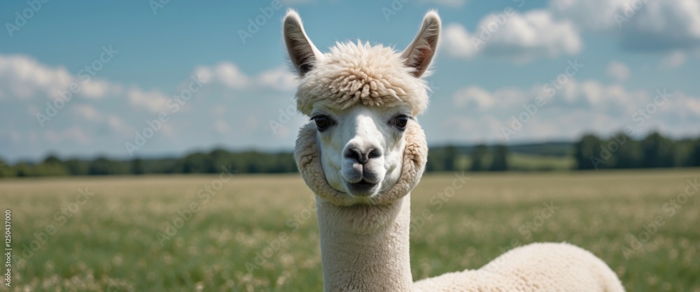 Fototapeta premium Close-up of a white alpaca in a lush green field under a bright sky on a warm summer day showcasing the beauty of nature and wildlife.