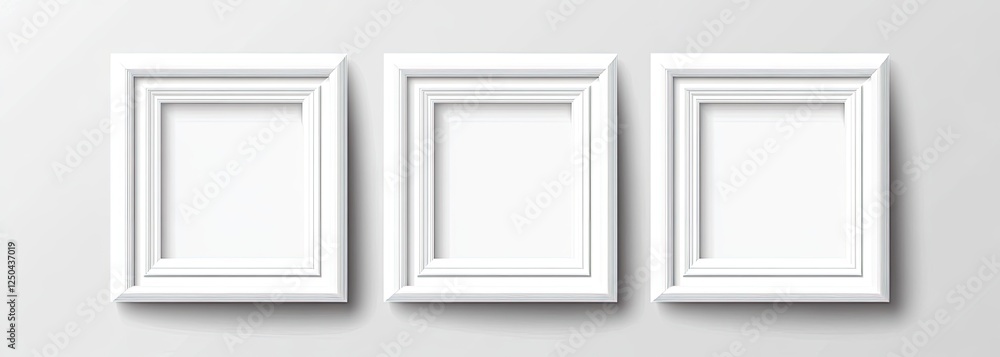 Three white frames on wall, blank space, mockup Three white frames on wall, blank space, mockup