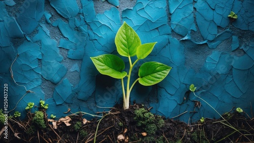 Lush green plant sprouting from soil against a vivid blue textured background symbolizing growth resilience and the beauty of nature. photo