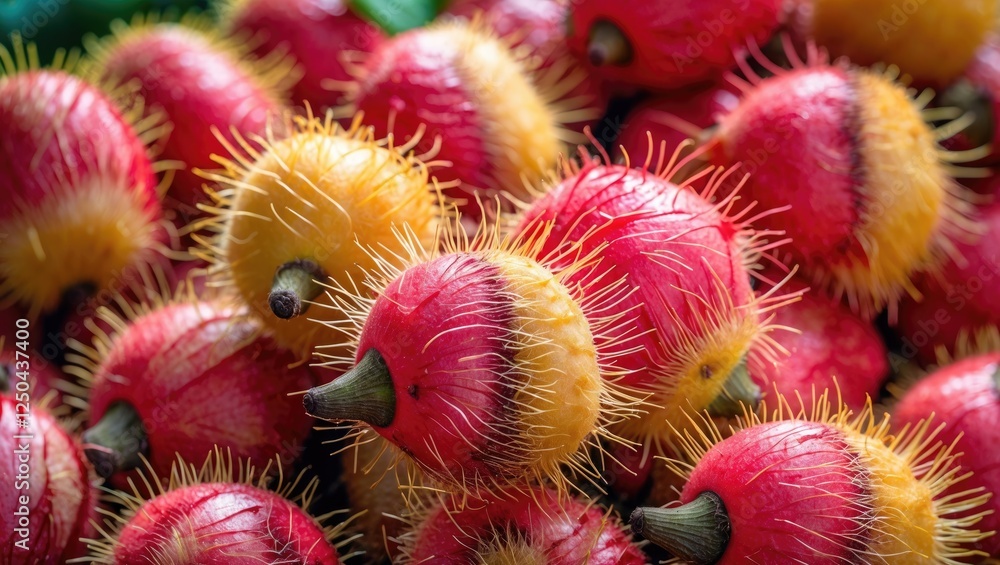 Vibrant close-up of fresh rambutan fruits showcasing their unique hairy red and yellow skin highlighting the allure of tropical produce. Vibrant close-up of fresh rambutan fruits showcasing their unique hairy red and yellow skin highlighting the allure of tropical produce.