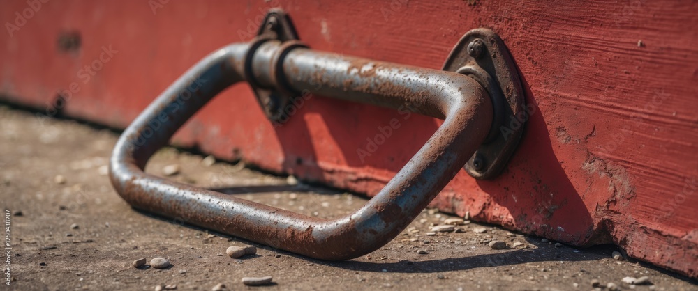 Rusty metal handle on a red wall casting a shadow evokes a sense of abandonment and nostalgia in a melancholic outdoor setting. Rusty metal handle on a red wall casting a shadow evokes a sense of abandonment and nostalgia in a melancholic outdoor setting.
