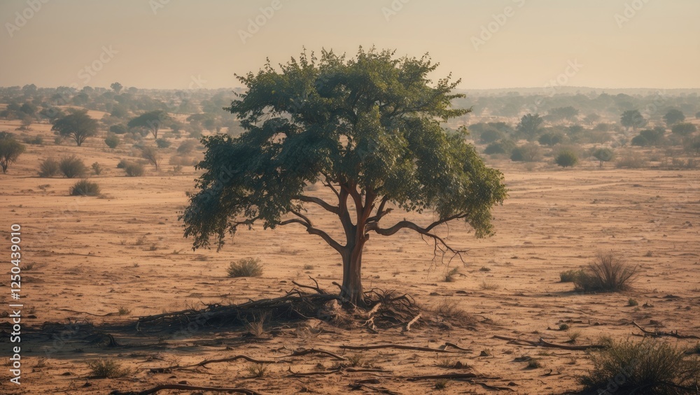 Fototapeta premium Lonely tree on parched land highlighting the effects of drought and environmental degradation in a vast desolate landscape.