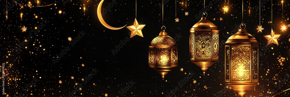 Golden lanterns, stars, crescent moon on dark background. Golden lanterns, stars, crescent moon on dark background.